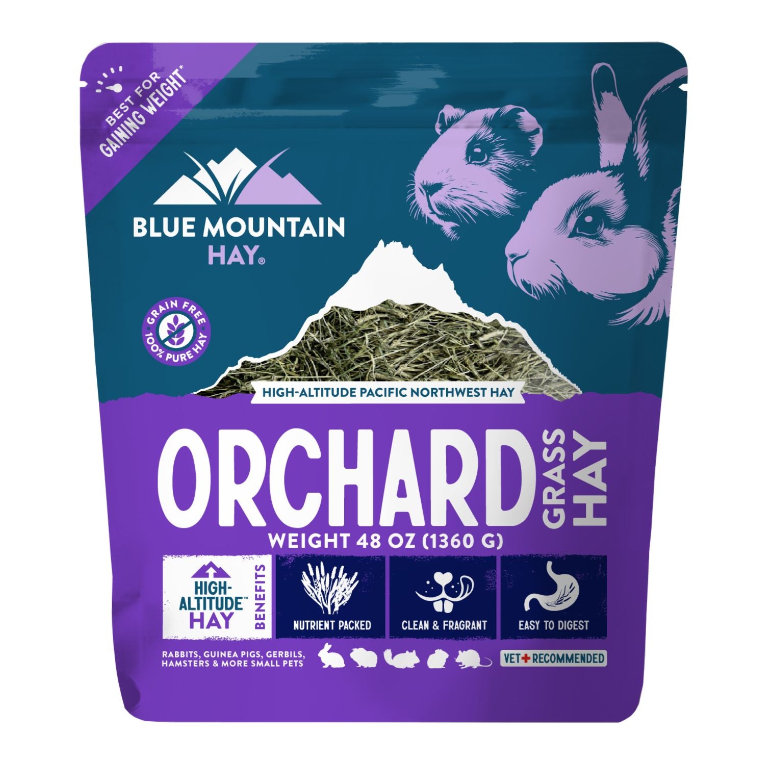 Blue Mountain Hay Orchard Grass Hay package with purple and teal design.