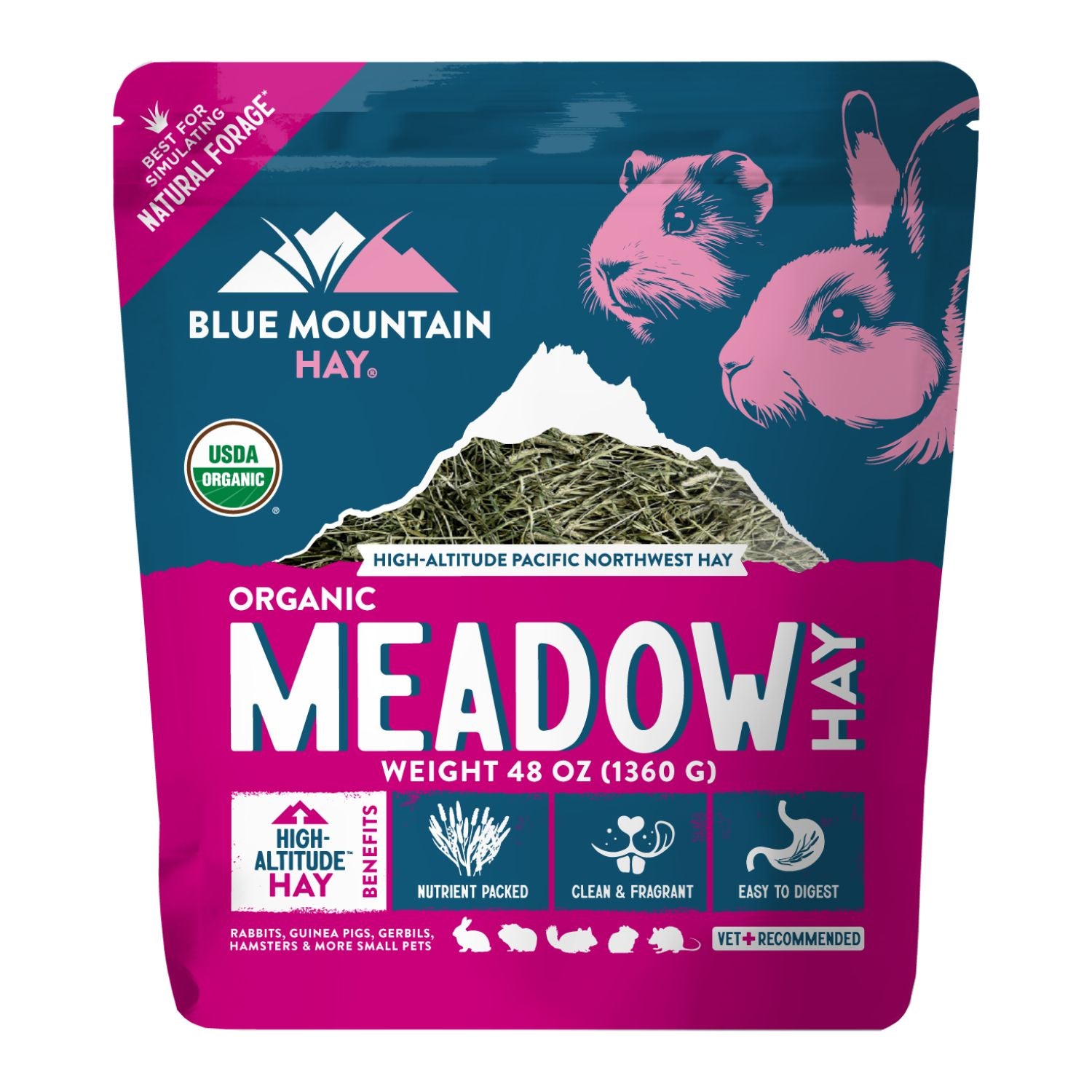 Blue Mountain Hay organic meadow hay package with rabbit and mountain design on a white background