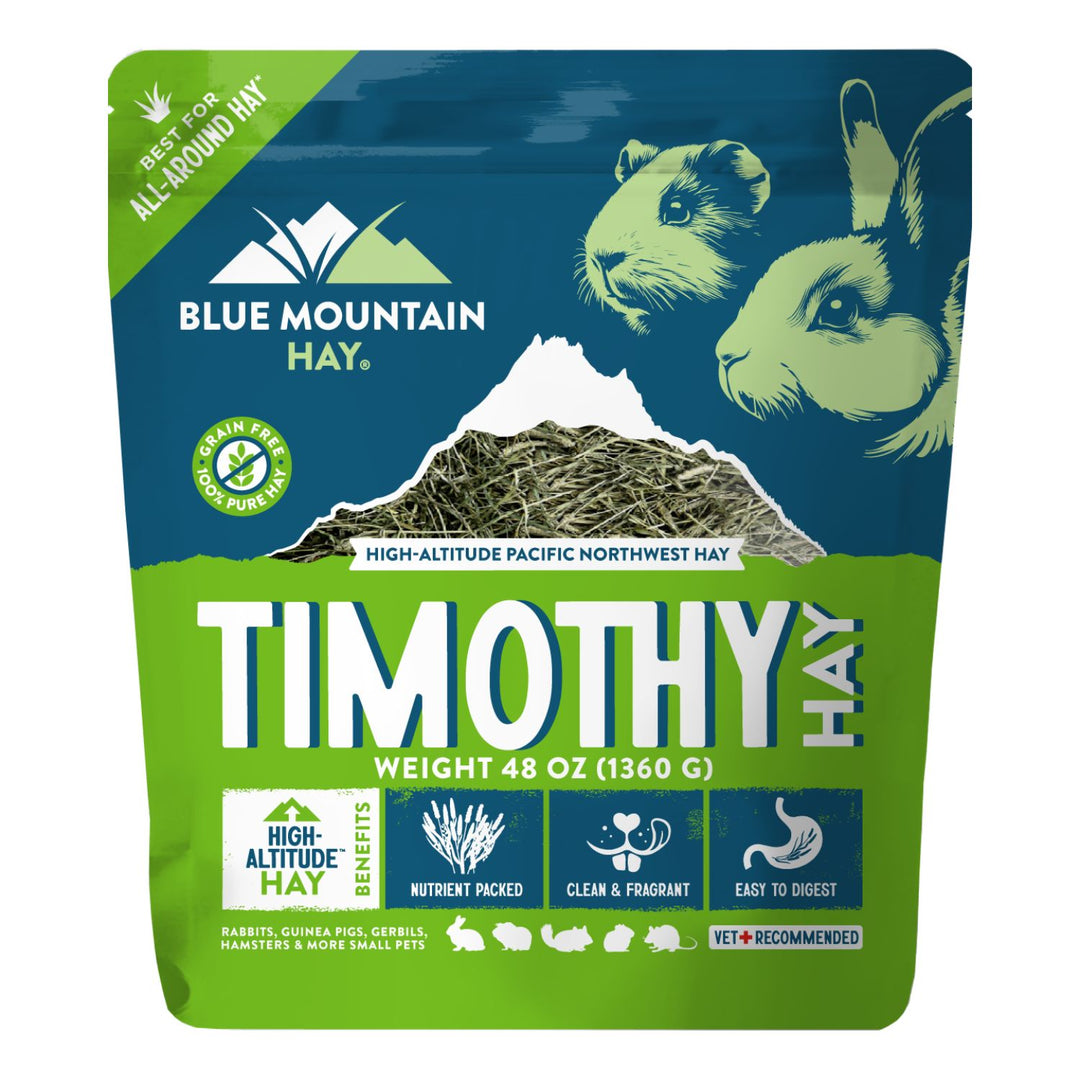 Blue Mountain Hay Timothy Hay packaging with rabbit illustration on a white background
