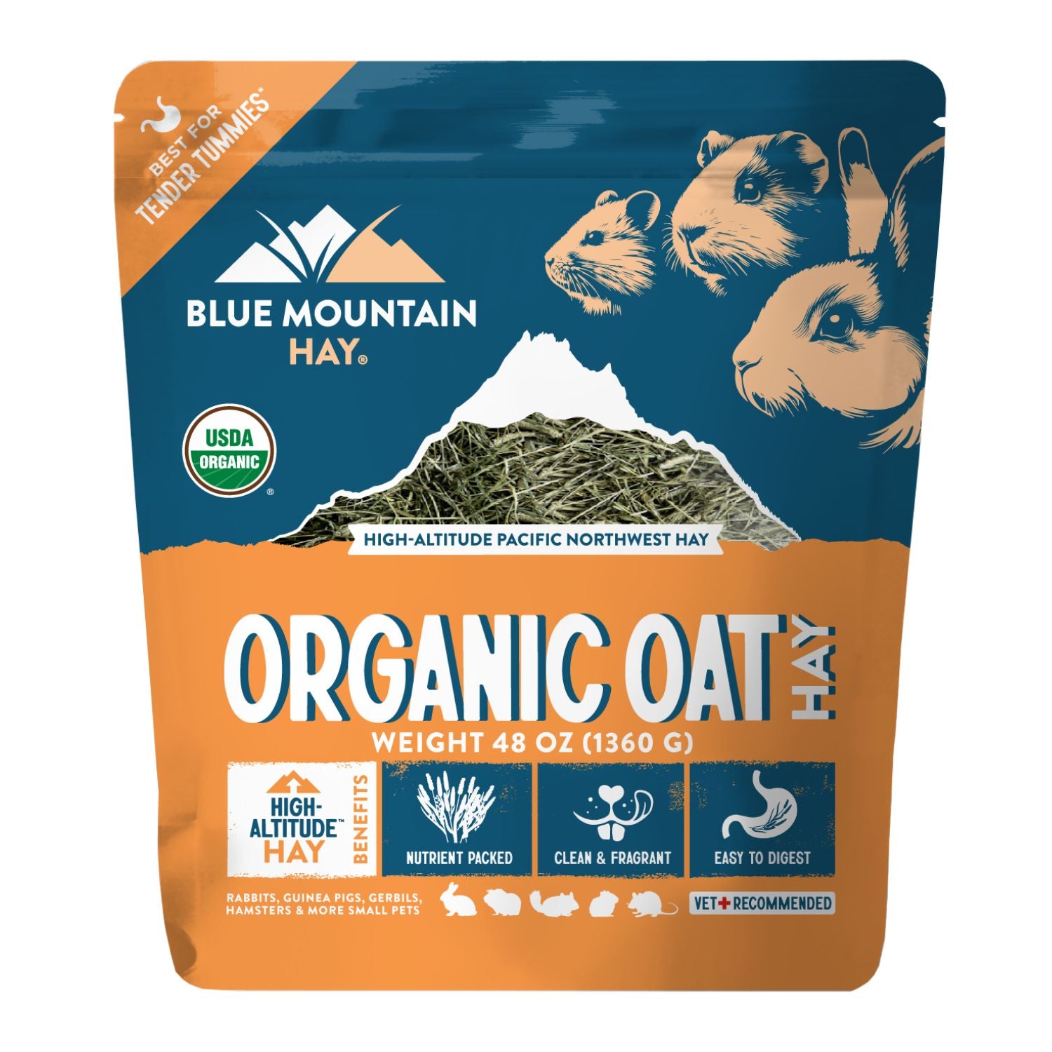 Blue Mountain Hay Organic Oat Hay package with guinea pigs on the label