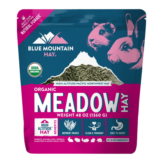 Blue Mountain Hay organic meadow hay package with rabbit and mountain design on a white background