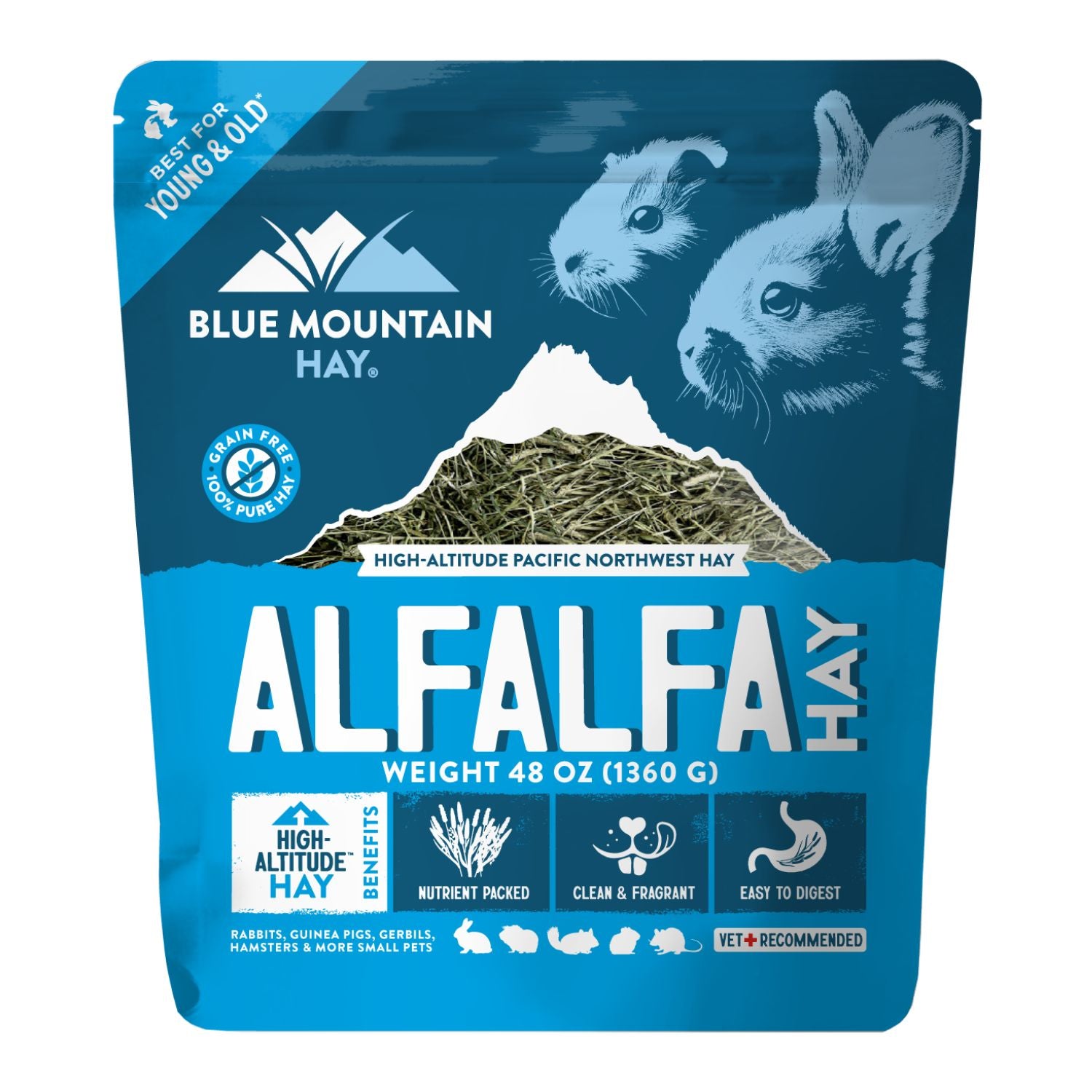 Blue Mountain Hay Alfalfa hay package with images of small animals on a blue background