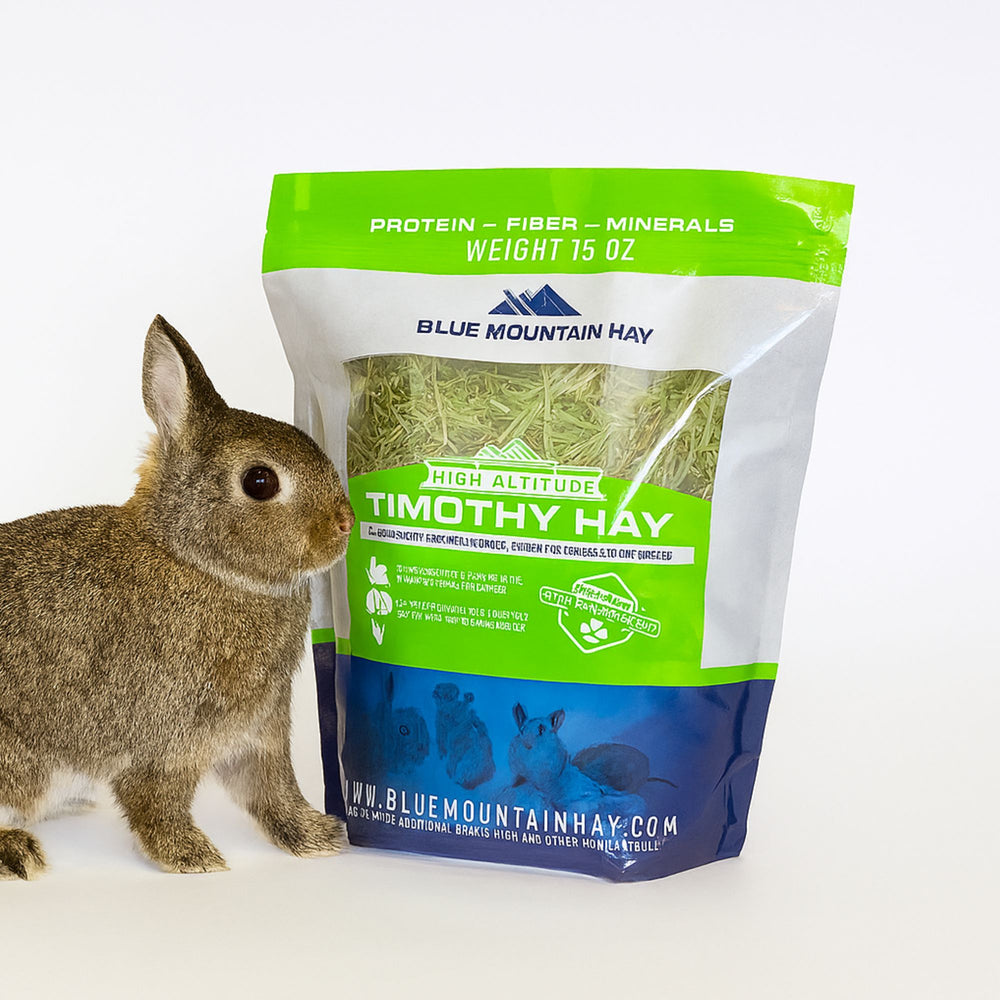 Bag of Blue Mountain Hay Timothy Hay with a rabbit on a white background