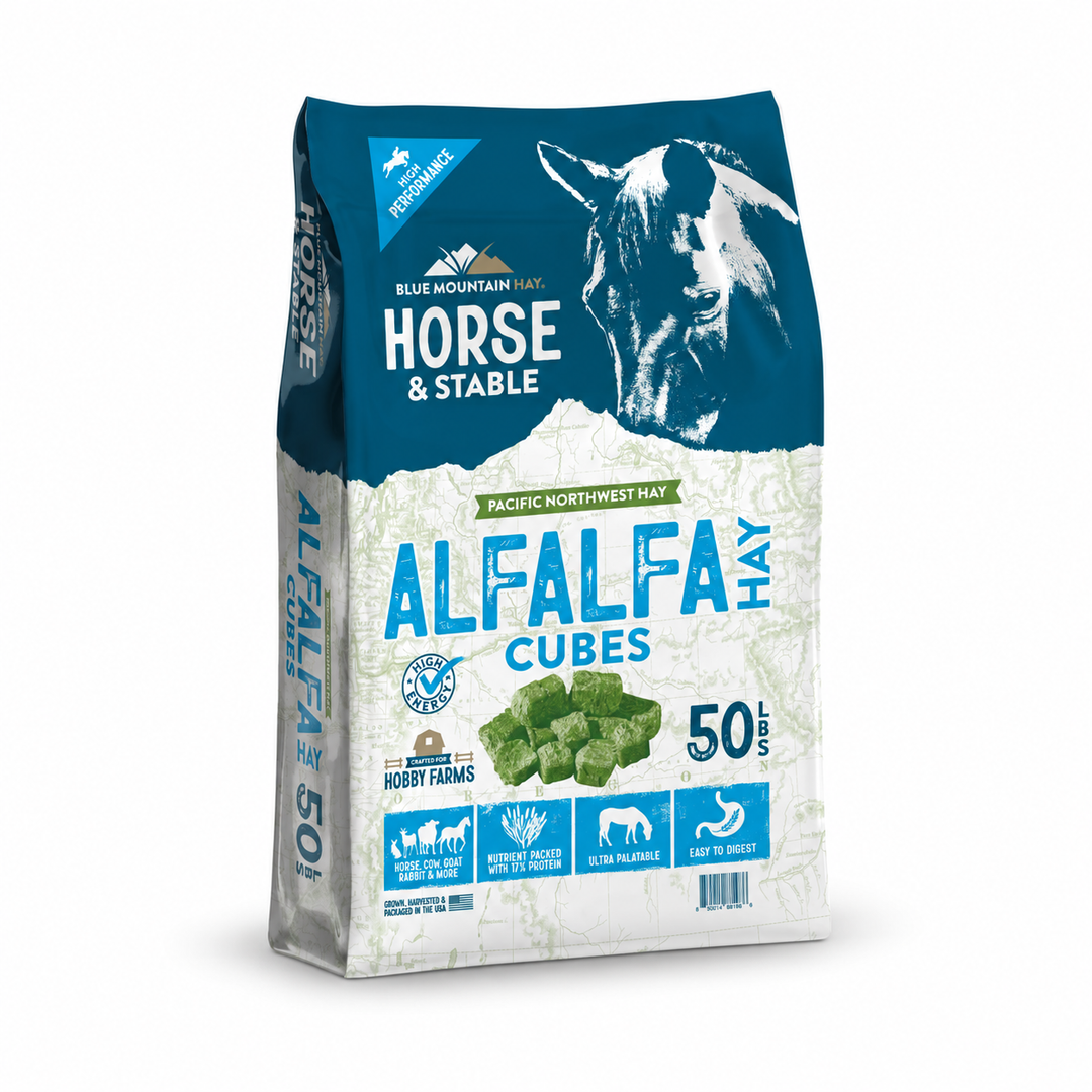 A 50kg bag of Blue Mountain Horse & Stable Alfalfa Hay Cubes, featuring a dark teal and white design with a horse illustration and product imagery.