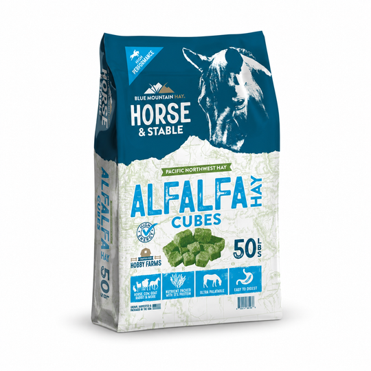 A 50kg bag of Blue Mountain Horse & Stable Alfalfa Hay Cubes, featuring a dark teal and white design with a horse illustration and product imagery.