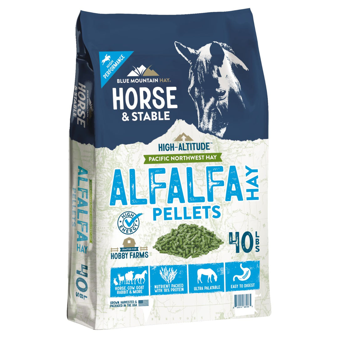 A 40 lb bag of Blue Mountain Hay Horse & Stable Alfalfa Hay Pellets, featuring a navy blue and off-white design with a horse illustration and green pellets pictured on the front.