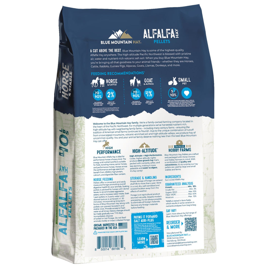 Back view of a bag of Alfalfa's Pellets horse food by Blue Mountain Feed, showing detailed product information, ingredients, and feeding recommendations on a white background.