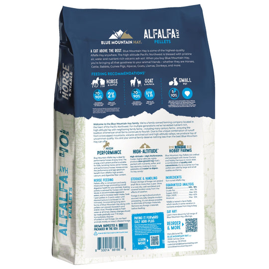 Back view of a bag of Alfalfa's Pellets horse food by Blue Mountain Feed, showing detailed product information, ingredients, and feeding recommendations on a white background.