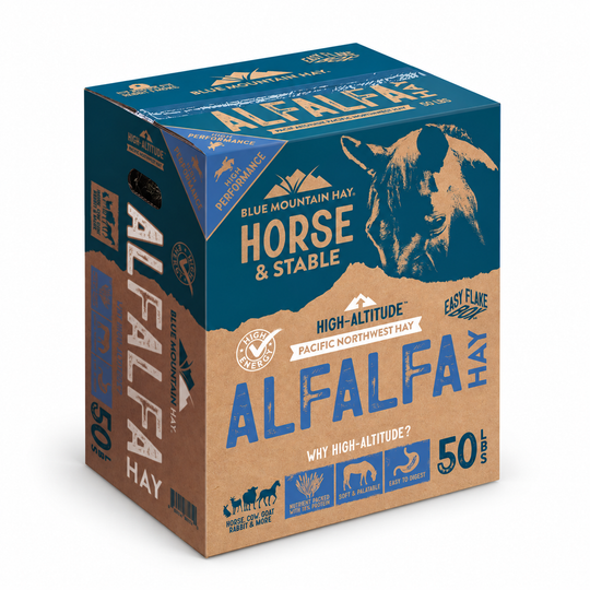 A 50 lb bag of Blue Mountain Hay Alfalfa Horse & Stable high-altitude Pacific Northwest hay, packaged in a brown and blue cardboard box with a horse graphic.