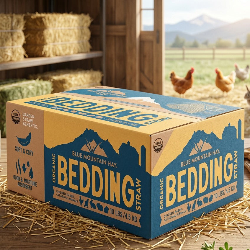 Box of Blue Mountain Hay bedding straw in a barn setting with hay and animals.