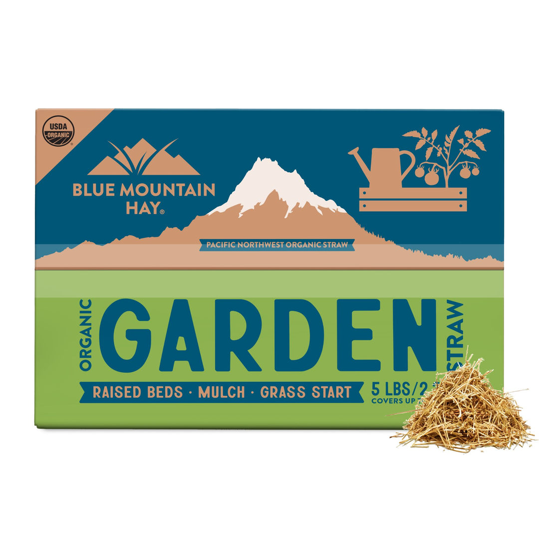 Blue Mountain Hay garden straw packaging with mountain design on a white background
