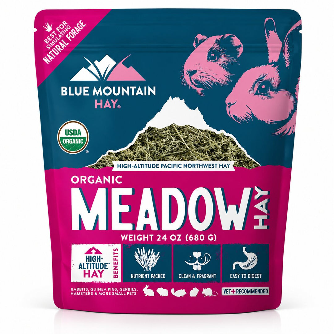 Blue Mountain Hay Organic Meadow Hay packaging with rabbit illustration on a white background