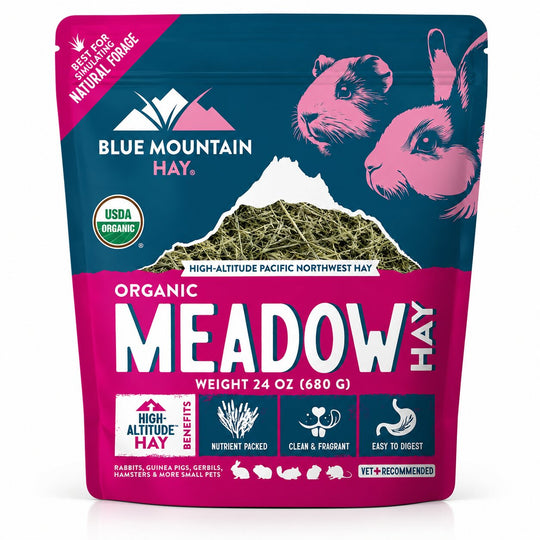 Blue Mountain Hay Organic Meadow Hay packaging with rabbit illustration on a white background