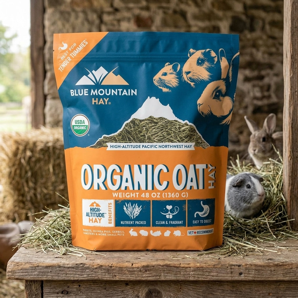 Bag of Blue Mountain Hay Organic Oat Hay with rabbits in the background