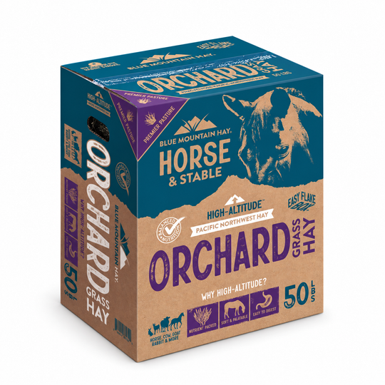 A 50 lb box of Blue Mountain Hay Orchard Grass Hay for horses, featuring a teal and brown design with a horse illustration and product details on a white background.