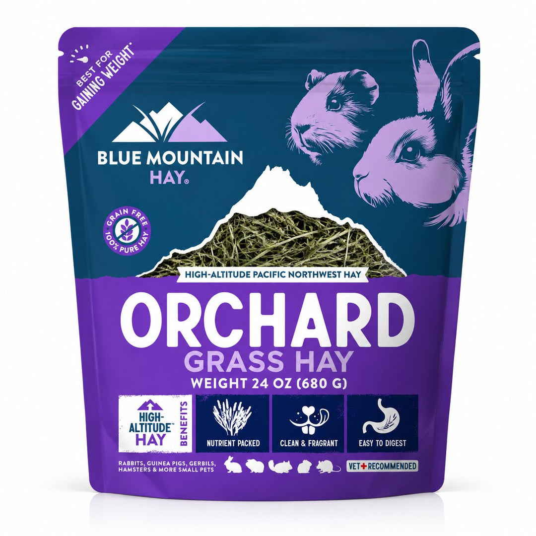 Blue Mountain Hay Orchard Grass Hay package with rabbit and guinea pig illustrations on a white background