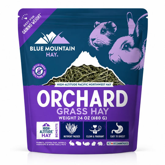 Blue Mountain Hay Orchard Grass Hay package with rabbit and guinea pig illustrations on a white background