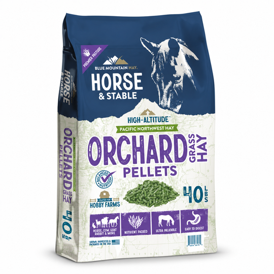 A 40 lb bag of Blue Mountain Hay Orchard Pellets Grass Hay, featuring a navy blue and white design with a horse graphic and purple branding.