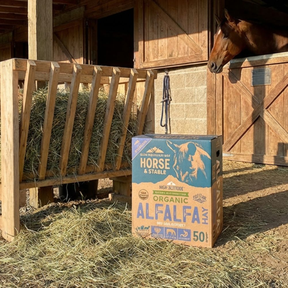 Horse and Stable organic alfalfa hay box with a horse in the background