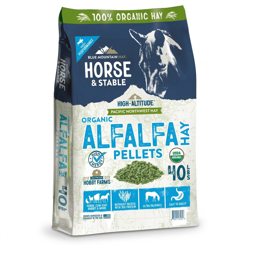 A 40 lb bag of Blue Mountain Hay Horse & Stable Alfalfa Hay Pellets, featuring a navy blue and off-white design with a horse graphic and product details.