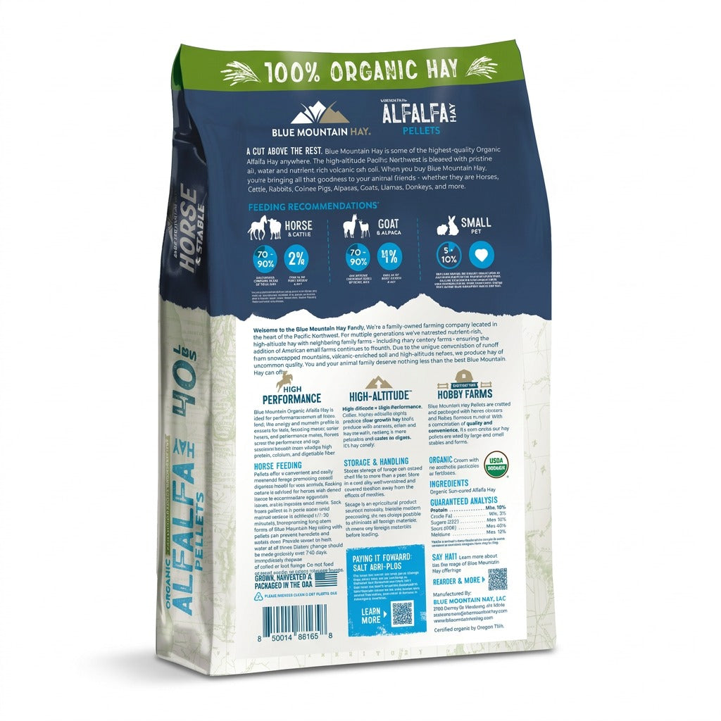 Blue Mountain Hay Alfalfa Plus Horse dry dog food bag, showing the back panel with product details, ingredients, and feeding recommendations.