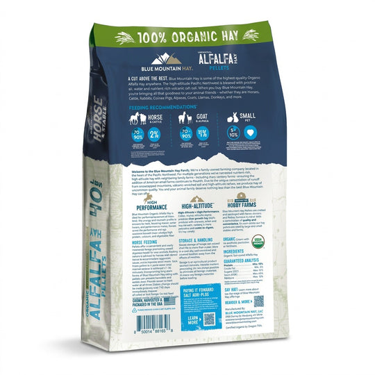 Blue Mountain Hay Alfalfa Plus Horse dry dog food bag, showing the back panel with product details, ingredients, and feeding recommendations.