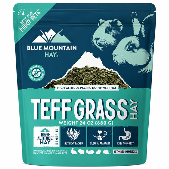 Blue Mountain Hay Teff Grass Hay package with mountain and animal illustrations on a blue background