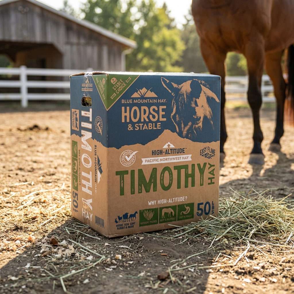 Box of Blue Mountain Hay Horse & Stable Timothy Hay with a horse in the background