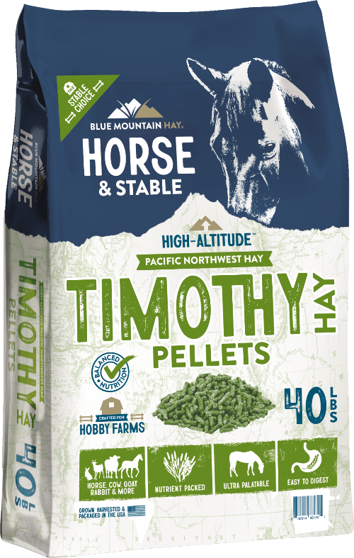 Bag of Blue Mountain Hay Timothy Pellets for horses and stable, featuring a horse illustration on a blue and white background.