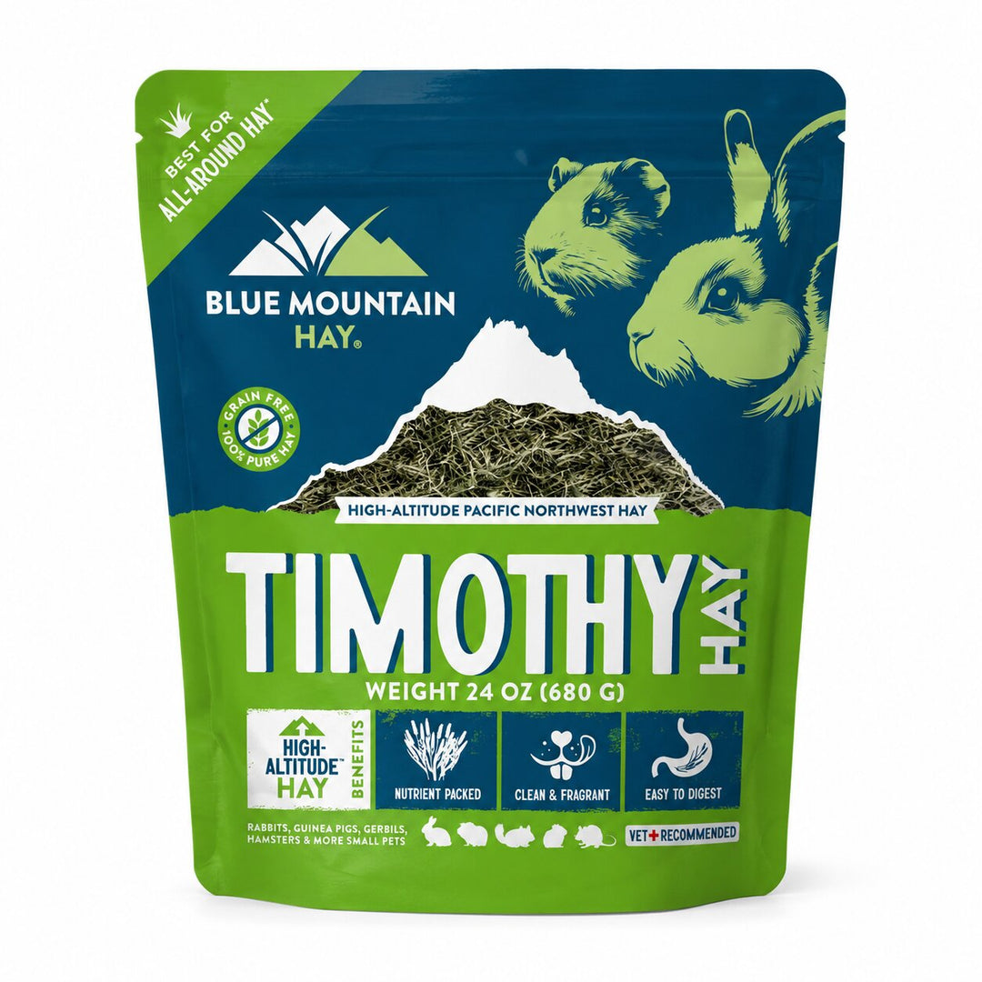 Blue Mountain Hay Timothy Hay packaging with mountain and animal illustrations on a white background