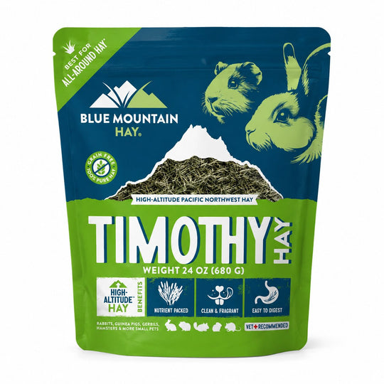 Blue Mountain Hay Timothy Hay packaging with mountain and animal illustrations on a white background