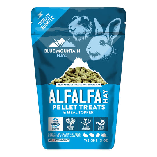 Blue Mountain Hay Alfalfa Hay pellet treats packaging on a white background