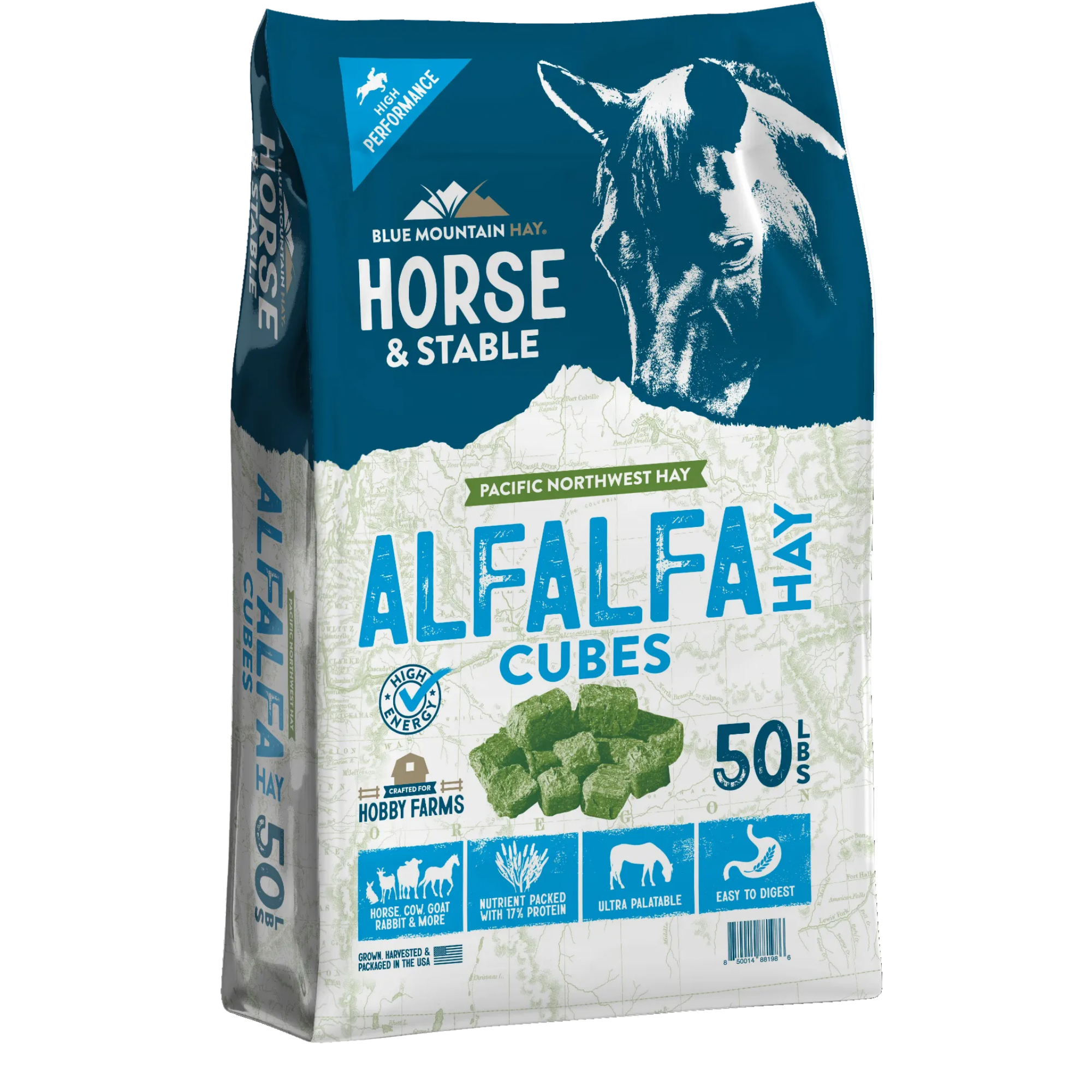 Bag of Blue Mountain Hay Alfalfa Hay Cubes for horses on a white background