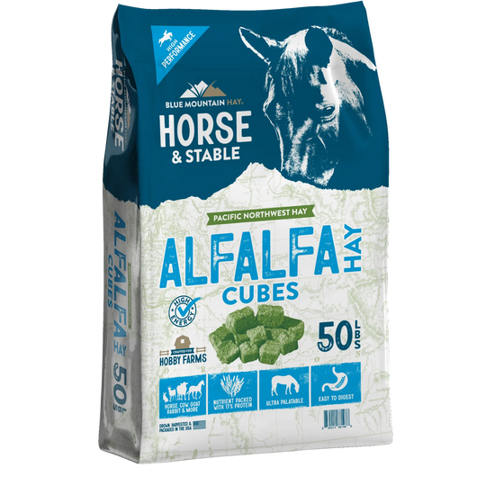 Bag of Blue Mountain Hay Alfalfa Hay Cubes for horses on a white background