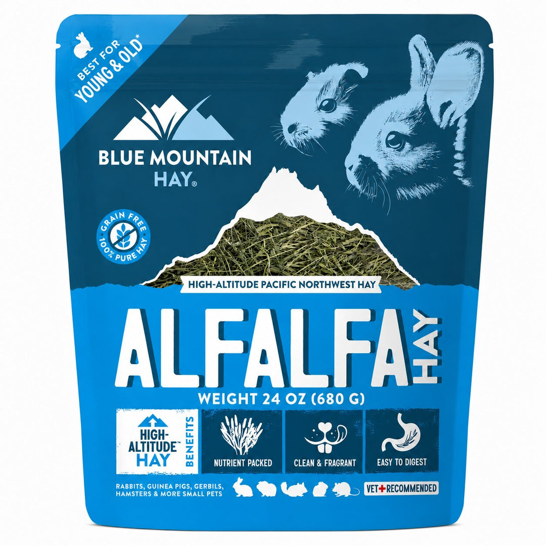 Blue Mountain Hay Alfalfa hay package with mountain and animal illustrations on a blue background