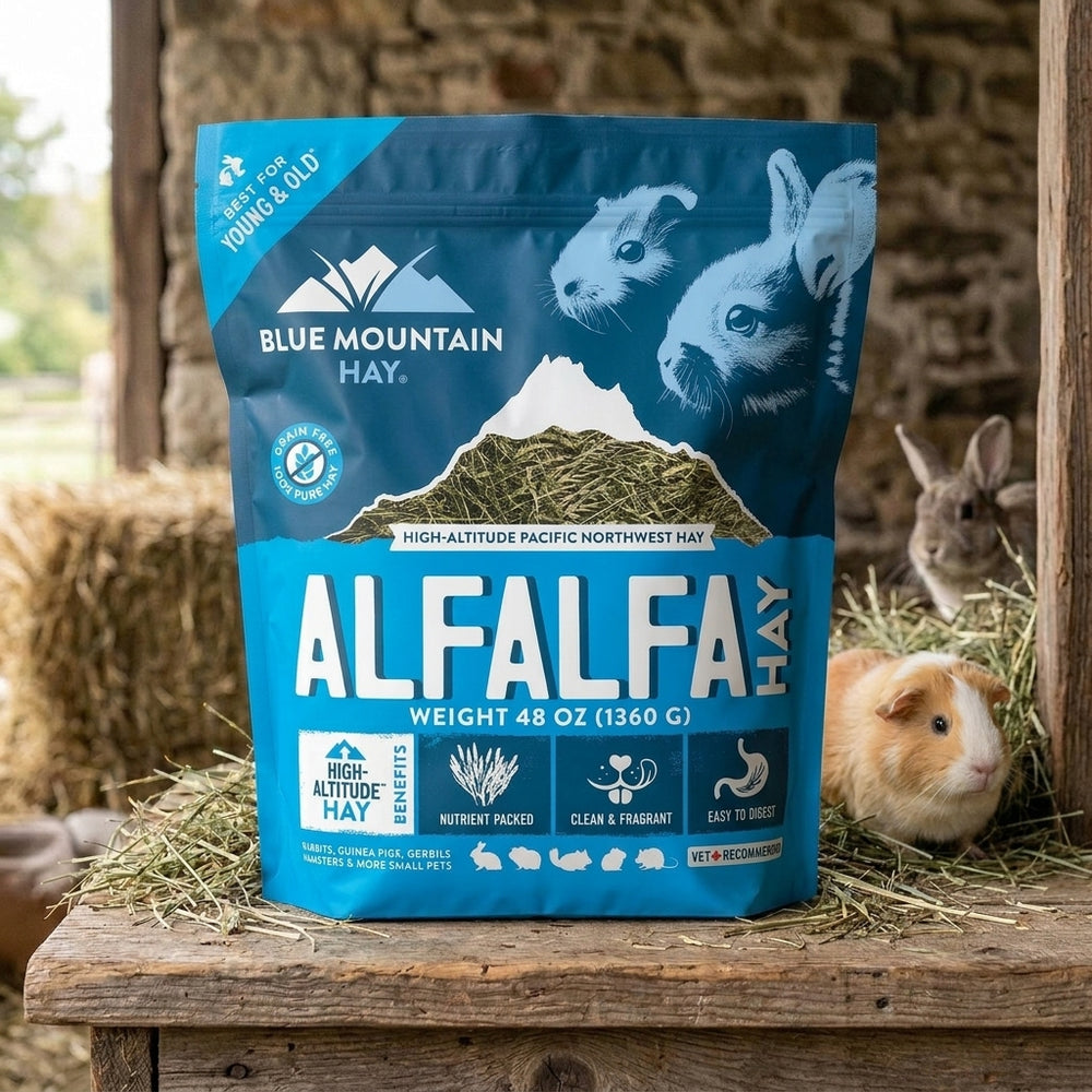 Blue Mountain Hay Alfalfa hay package with a rabbit in the background