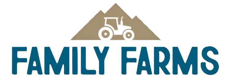Logo for Family Farms with a tractor and mountains on a white background