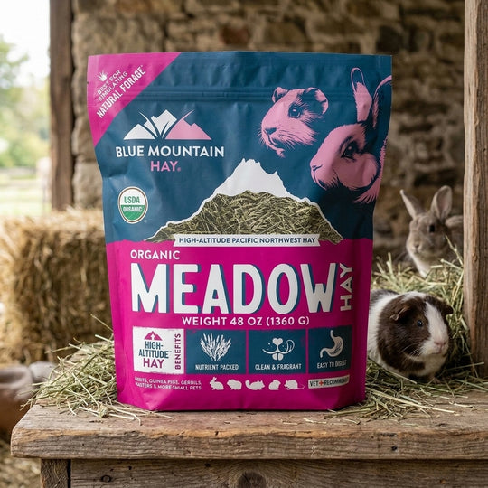 Blue Mountain Hay Meadow Hay package with a rabbit in the background