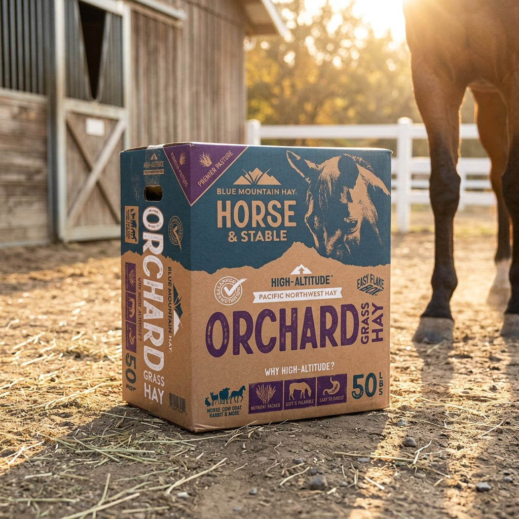 Box of Orchard Grass Hay for horses on a farm with a horse in the background