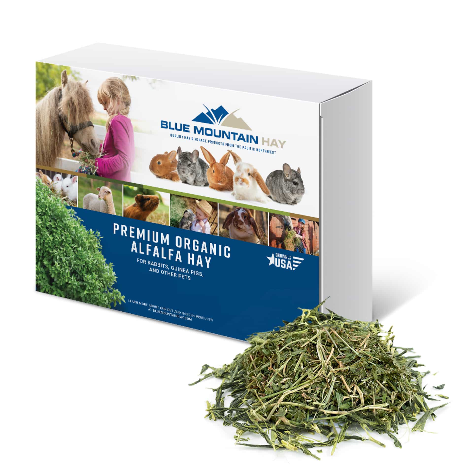 Organic alfalfa hay in Blue Mountain Hay packaging