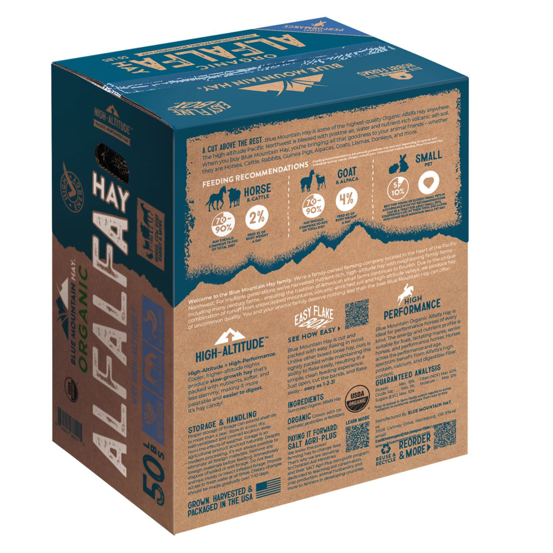 A 50-count box of Alfalfa Hay for Dogs from the brand Just Blue, shown at a three-quarter angle to display both the front and side panels. The packaging features a split design with a dark teal top half and a brown bottom half, with white text and blue accents.