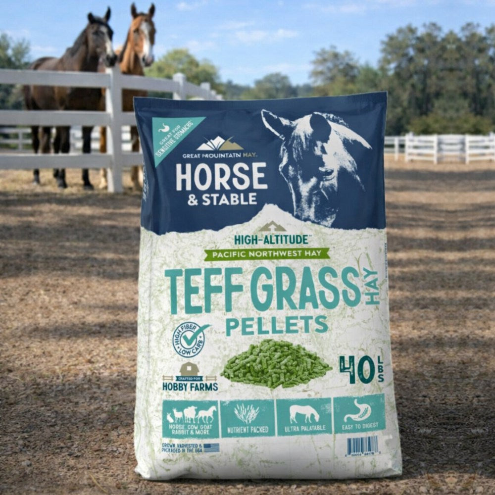 Bag of Teff Grass Pellets for horses with two horses in the background